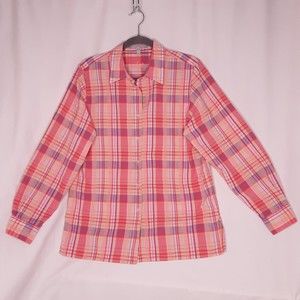 Foxcroft Womens Button Front Blouse Pink Purple Seersucker Plaid Size 10